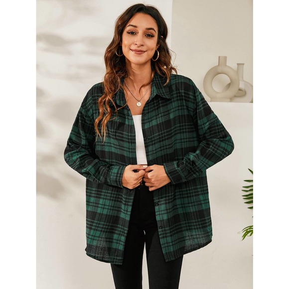 Preppy Plaid Print oversized long sleeve button up Shirt - Picture 7 of 11